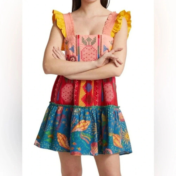 FARM RIO Cross-Stitch Tiered Cotton Minidress XS B1142 - Picture 1 of 7